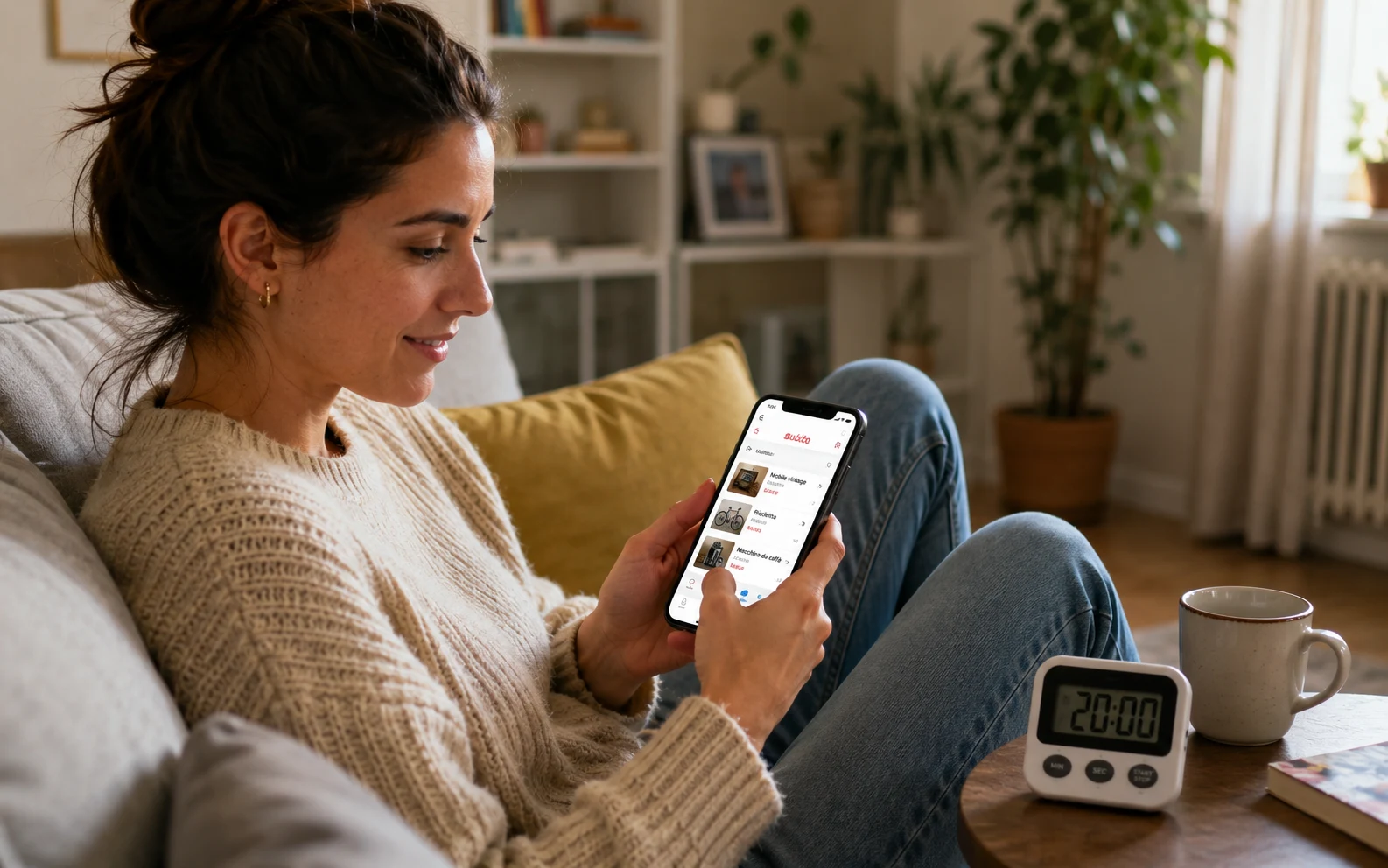 Una donna sul divano di casa usa l'app Subito dal telefono, accanto a un timer che segna 20 minuti