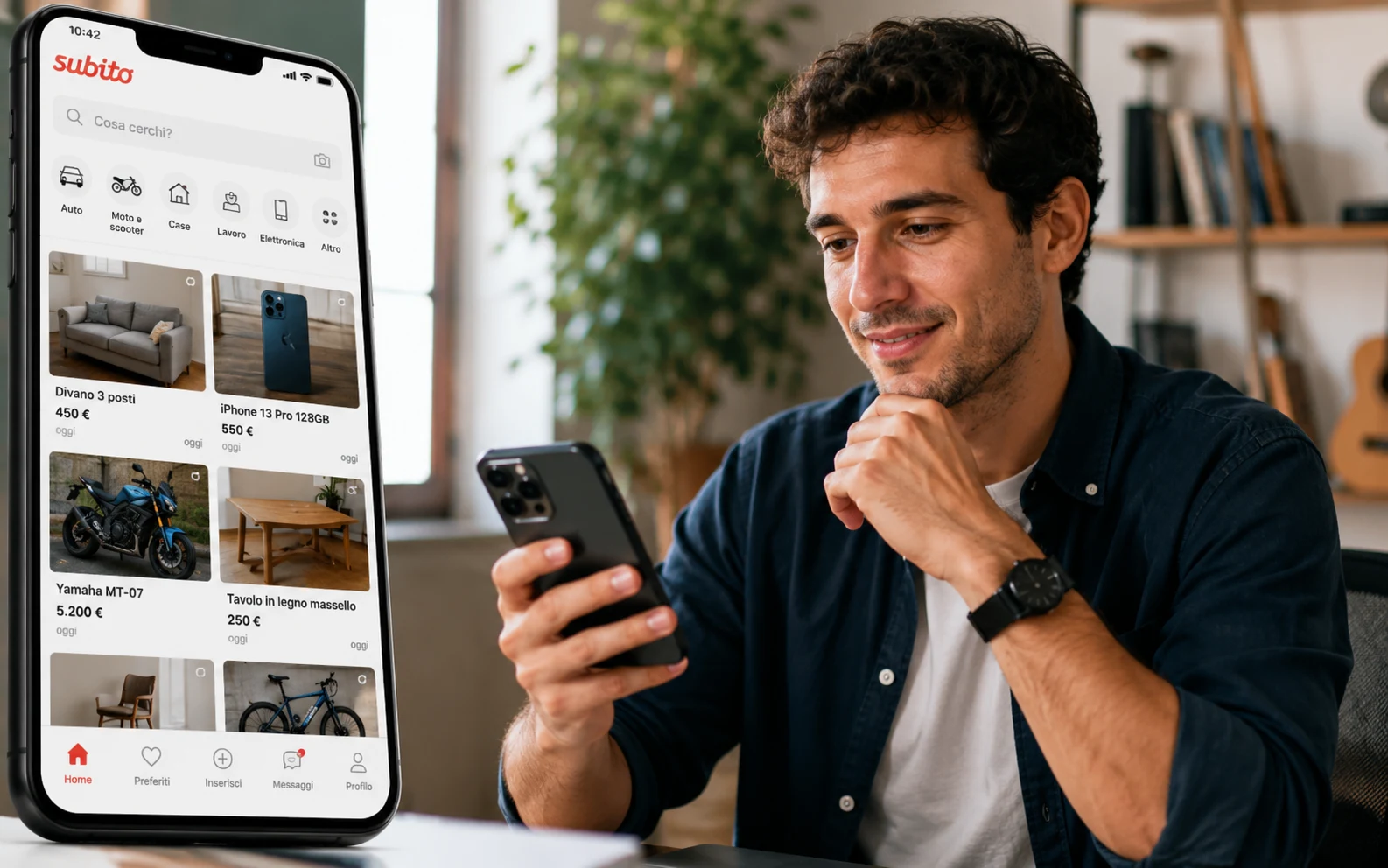 Un uomo guarda gli annunci dell'app Subito sul telefono, con la schermata dell'app ingrandita accanto a lui