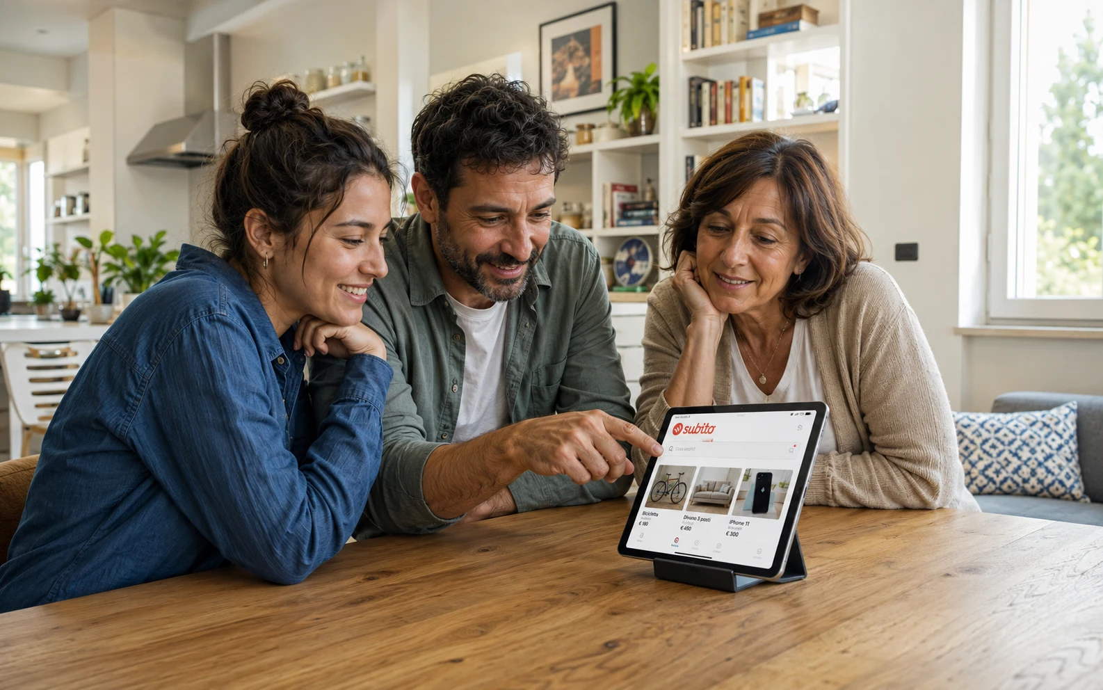 Una famiglia riunita al tavolo di casa guarda insieme l'app Subito su un tablet