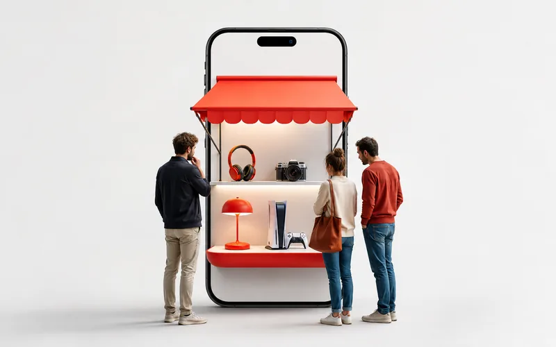 Un banco di vendita che esce dallo schermo di uno smartphone, con delle persone che guardano i prodotti