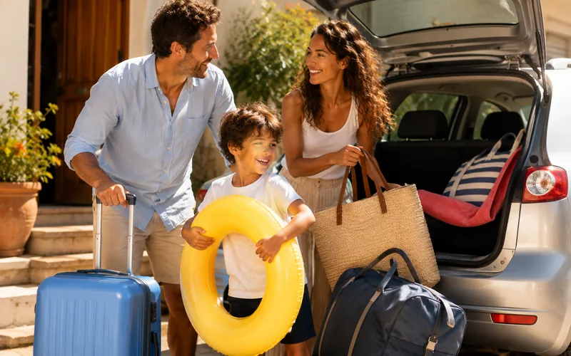 Una famiglia carica le valigie in auto per partire in vacanza